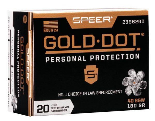 Speer gold dot handgun ammunition. 40 s&w 180 gr hp 1025 fps 20/ct
