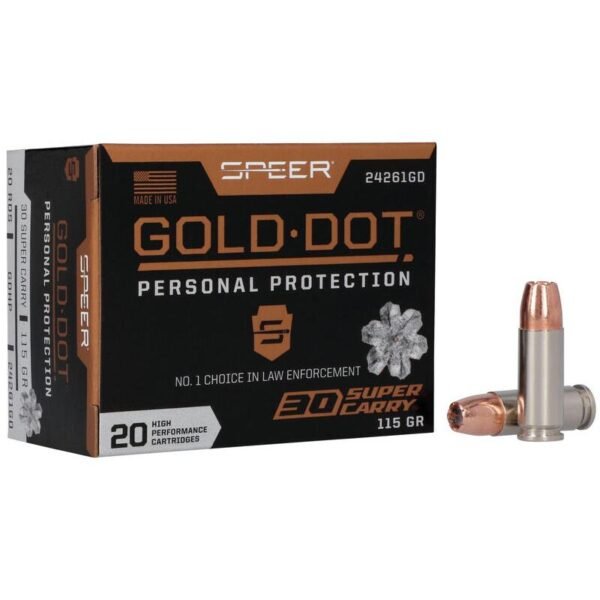 Speer gold dot handgun ammunition. 30 sc 115gr hp 1150 fps 20/ct