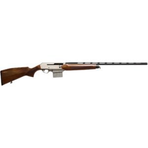 Semi-automatic shotgun with a wooden stock and fore-end, featuring a stainless receiver and black ribbed barrel.