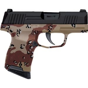 Camouflage-patterned pistol in tan, brown, and black with "9mm x 19" marking.