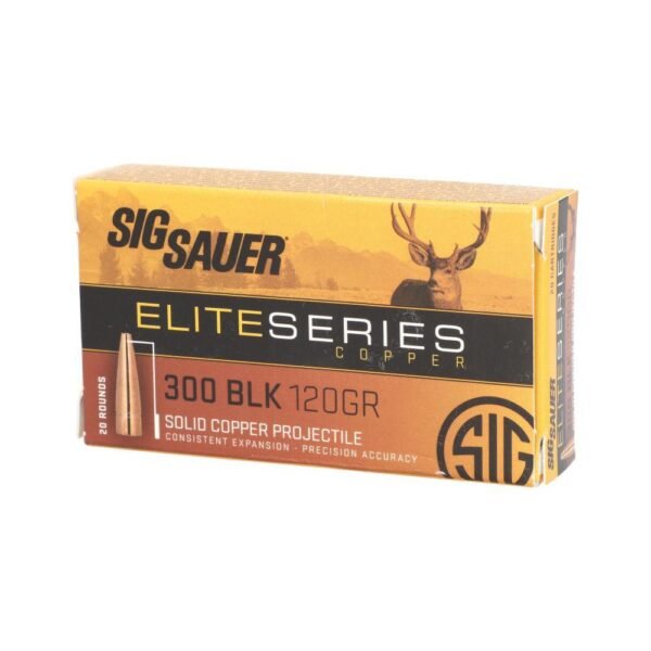 Sig sauer elite copper hunting rifle ammunition. 300 blk 120gr hp 2250 fps 20/ct