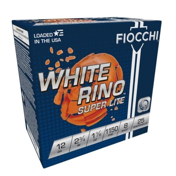 Fiocchi white rino super lite shotshells 12 ga 2-3/4" 1-1/8oz 1150 fps #8 25/ct