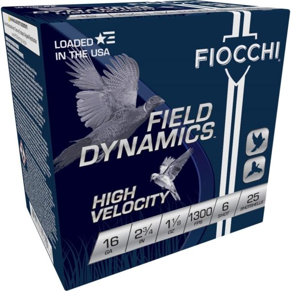 Fiocchi high-velocity hunting load 16 ga 2 3/4" 3 1/8 dr 1 1/8 oz #6 1300 fps - 25/ct