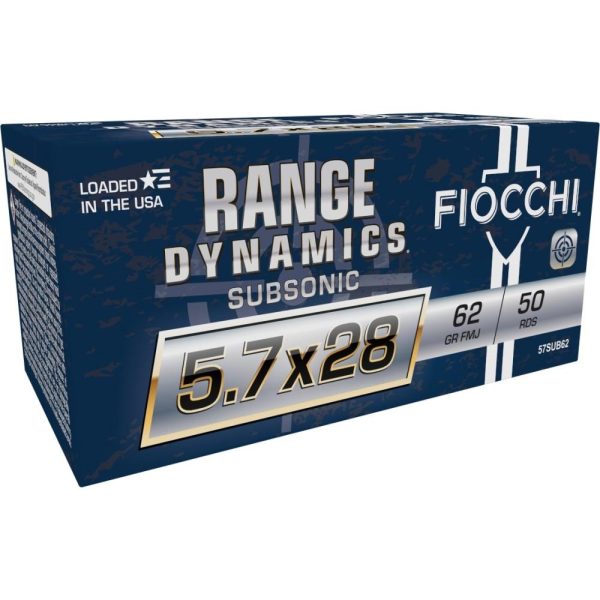 Fiocchi range dynamics subsonic handgun ammunition 5. 7x28 fn 62gr fmj 1050 fps 50/ct