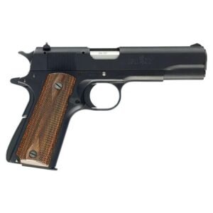 A browning 1911 black handgun with a wooden grip, viewed from the side.