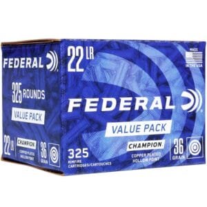 Box of federal. 22 lr ammunition containing 325 rounds, labeled as a value pack with copper-plated hollow point, 36 grain cartridges, made in the usa.