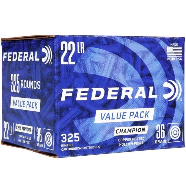 Box of federal. 22 lr ammunition containing 325 rounds, labeled as a value pack with copper-plated hollow point, 36 grain cartridges, made in the usa.