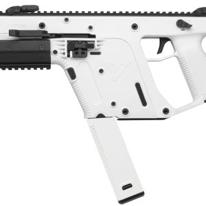 White and black tactical firearm with extended magazine, featuring textured grip and accessory rails, set against a white background.