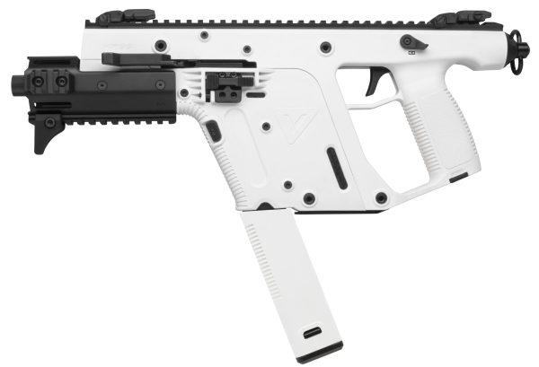 White and black tactical firearm with extended magazine, featuring textured grip and accessory rails, set against a white background.