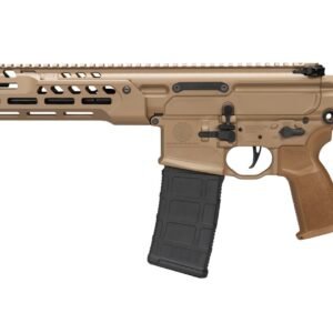 Tan semi-automatic rifle with black magazine and barrel against a white background, featuring a patterned handguard and collapsible stock.