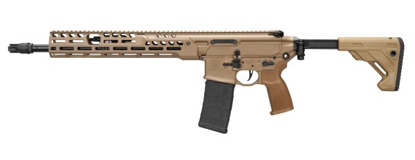 Tan semi-automatic rifle with black magazine and barrel against a white background, featuring a patterned handguard and collapsible stock.