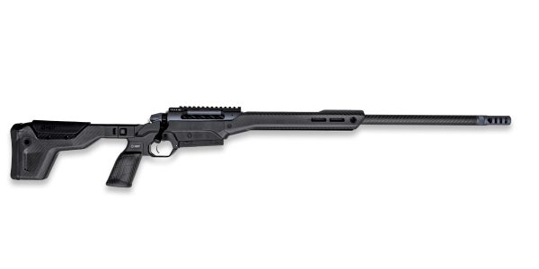 A sleek black rifle with a carbon fiber finish and a bolt-action mechanism, featuring a picatinny rail on top and a tactical stock.