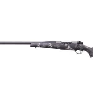 A black and gray camouflage rifle with a long, textured barrel and synthetic stock.