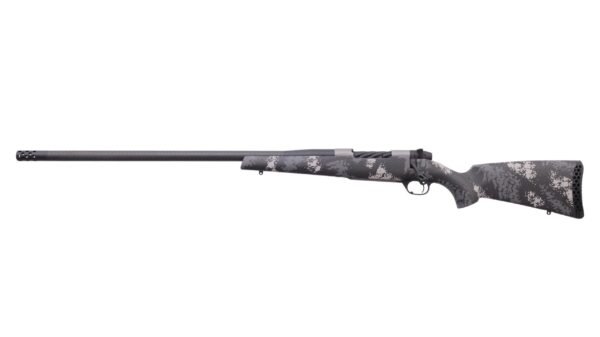 Carbon fiber bolt-action rifle with a black and grey camouflage pattern.