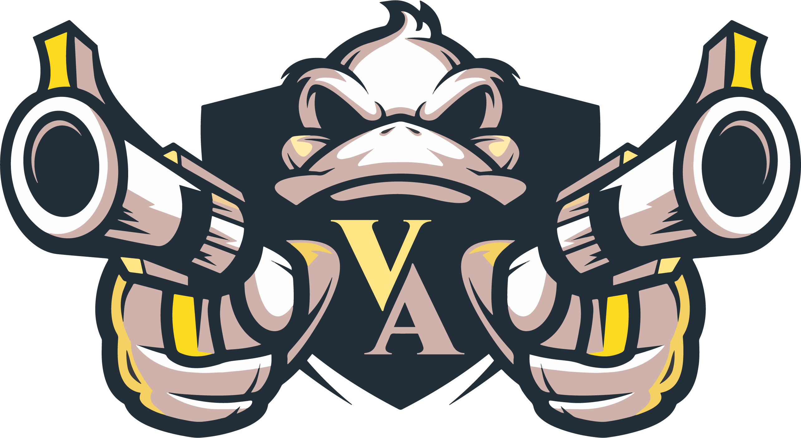 Abstract logo featuring an aggressive bird with clenched fists, gray and white with yellow accents, holding letters "V" and "A"; designed in a bold cartoon style.