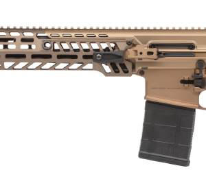 Tan semi-automatic rifle with a black magazine, featuring a tactical rail system and sleek design.