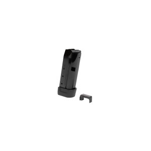 Black firearm magazine with an attachment piece on a white background.