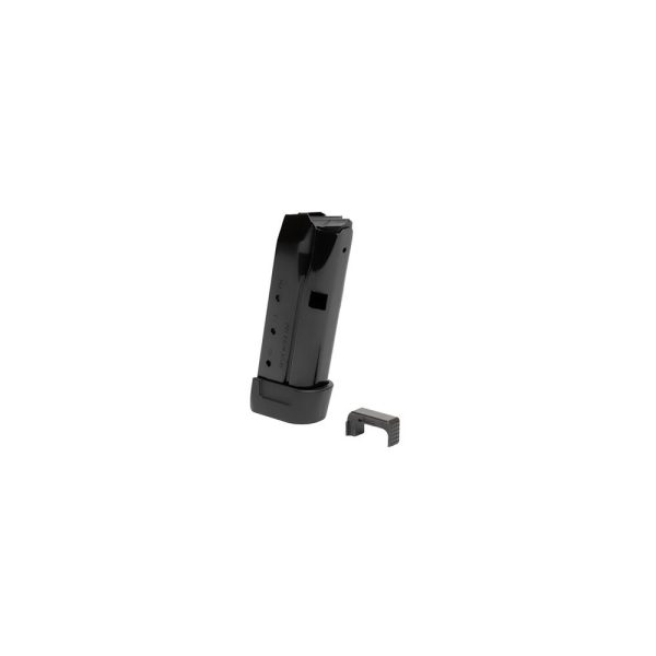 Black firearm magazine with an attachment piece on a white background.