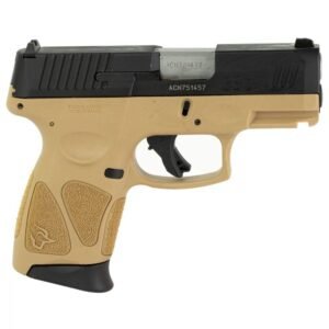 Beige and black taurus handgun with textured grip, side view.