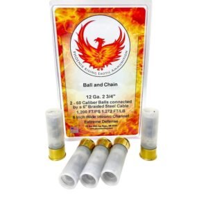 Golden shotgun shells with white casing in front of a fiery orange and yellow phoenix rising exotic ammunition box labeled "ball and chain," featuring a red phoenix logo.