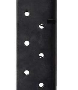 Black firearm magazine with multiple round holes, suitable for holding ammunition.