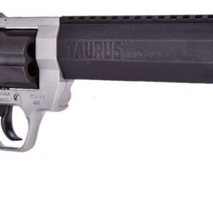 A silver and black taurus revolver with a long barrel and black ergonomic grip.