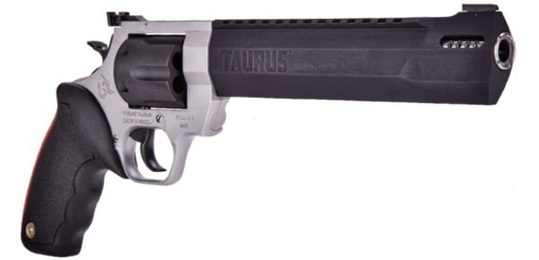 A silver and black taurus revolver with a long barrel and black ergonomic grip.