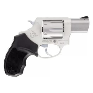 Silver taurus revolver with black grip, side view showcasing cylinder and barrel details.