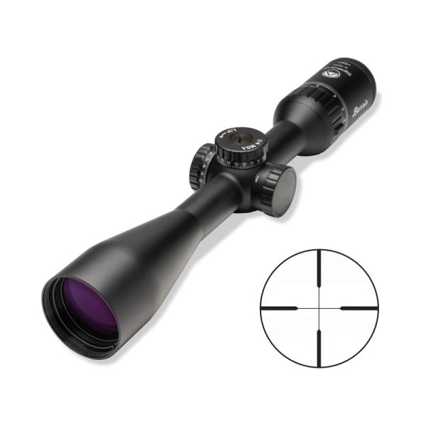 A black rifle scope with adjustment dials, featuring a crosshair reticle diagram.