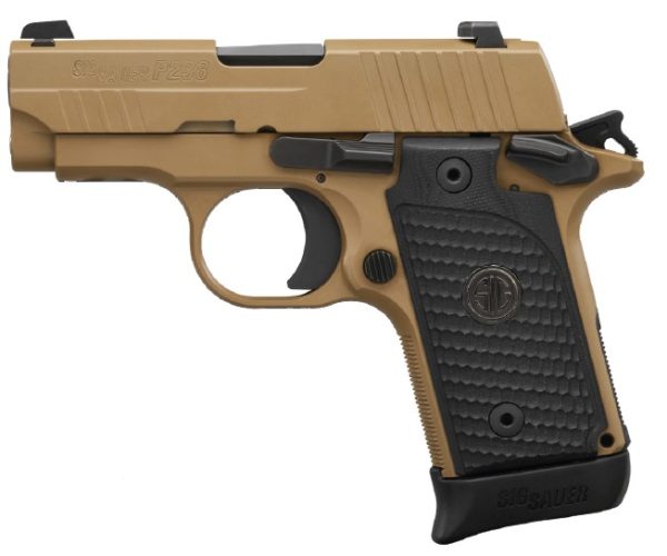 Tan and black sig sauer p238 handgun with textured grip, featuring a small size and detailed design.