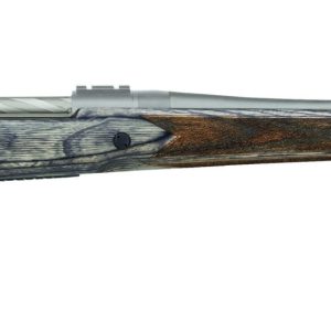 Silver and wood-grain bolt-action rifle with textured grip and black rubber butt pad.