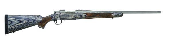 Silver and wood-grain bolt-action rifle with textured grip and black rubber butt pad.