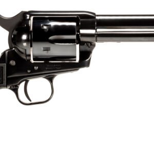 Black revolver with a textured grip and silver cylinder, displayed on a white background.