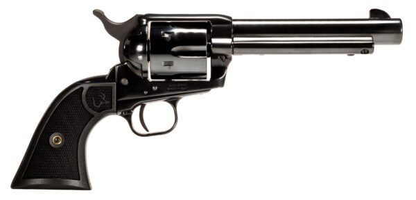 Black revolver with a textured grip and silver cylinder, displayed on a white background.