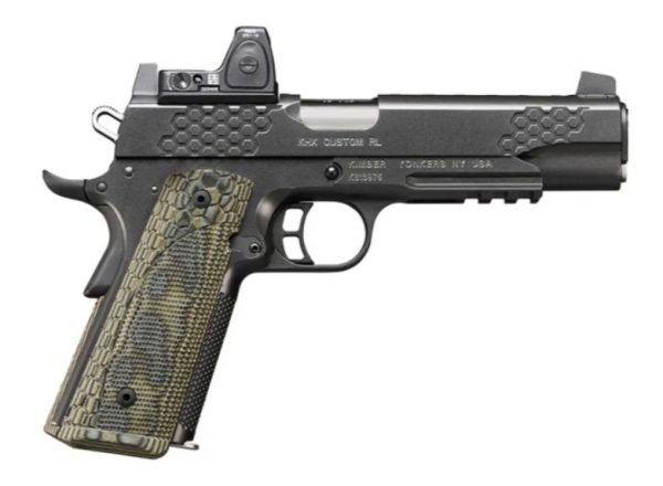 Black handgun with a textured gray grip, hexagonal pattern accents, and a mounted sight.