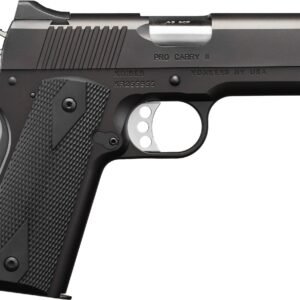 A black semi-automatic handgun with textured grip and metallic accents, model labeled "pro carry ii" from kimber.