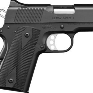 Black semi-automatic handgun with textured grip displaying "ultra carry ii" and "kimber" markings.