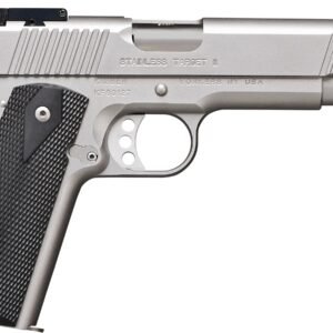 Silver semi-automatic handgun with black textured grip panels, labeled "stainless target ii. "