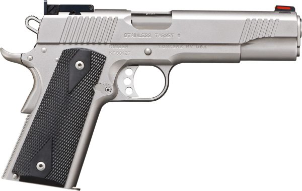 Silver semi-automatic handgun with black textured grip panels, labeled "stainless target ii. "
