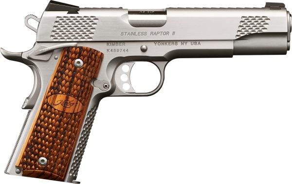 Stainless steel pistol with textured brown wooden grip, engraved with "kimber" and "yonkers ny usa," over white background.