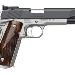 Stainless steel and black handgun with wood-grain grip, displaying the inscription "kimber" and "super match ii. "