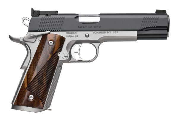 Stainless steel and black handgun with wood-grain grip, displaying the inscription "kimber" and "super match ii. "
