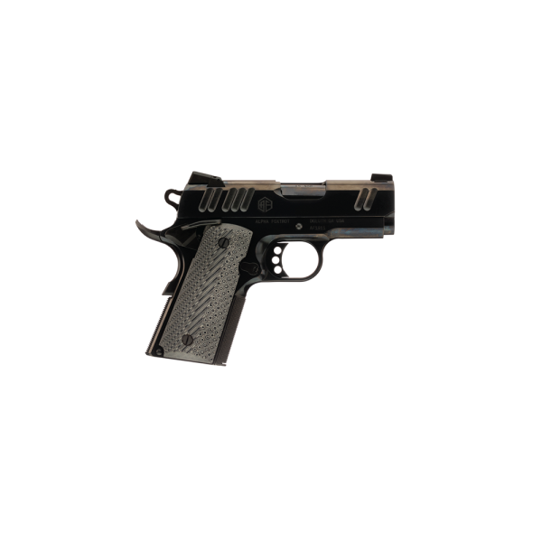 A black semi-automatic handgun with textured gray grips, shown on a white background.