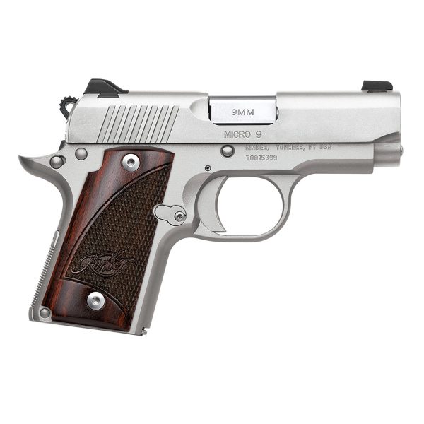 Silver 9mm handgun with dark wood grip and checkered pattern, engraved with "kimber" branding.