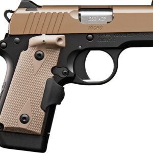 Tan and black semi-automatic handgun with textured grip, labeled. 380 acp micro, suitable for firearms and ammo content related to casey, iowa.