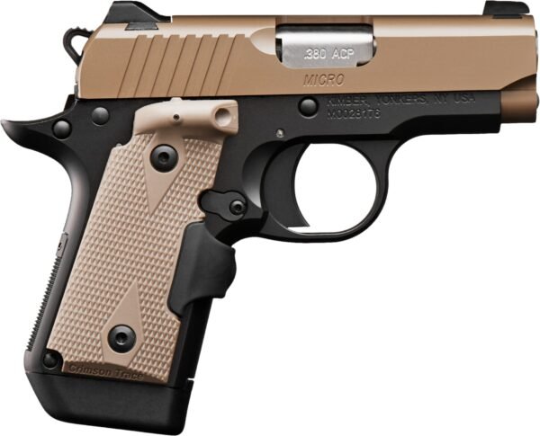 Tan and black semi-automatic handgun with textured grip, labeled. 380 acp micro, suitable for firearms and ammo content related to casey, iowa.