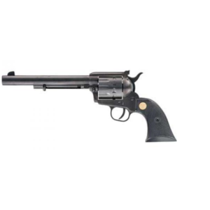 A black revolver with a long barrel and textured grip, featuring a metallic cylinder and a small gold emblem on the handle.