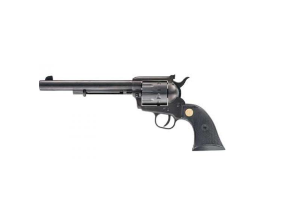 A black revolver with a long barrel and textured grip, featuring a metallic cylinder and a small gold emblem on the handle.