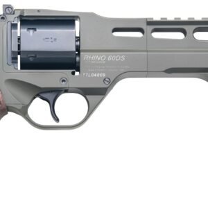 A gray revolver with a textured brown grip, featuring the text "rhino 60ds" and other engravings on the barrel.