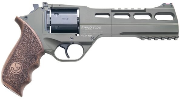 A gray revolver with a textured brown grip, featuring the text "rhino 60ds" and other engravings on the barrel.